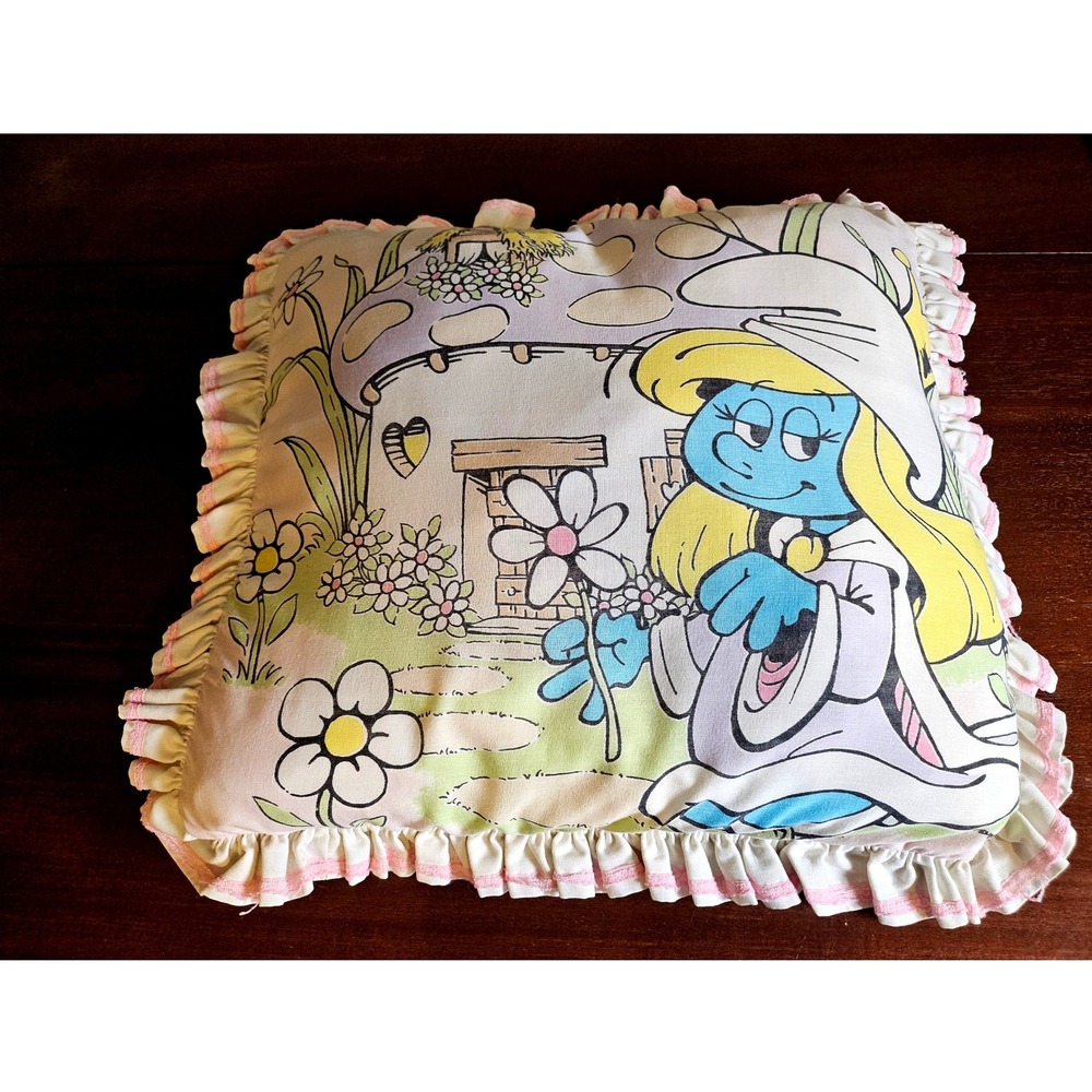 Vintage Smurfs Smurfette Pillow Kids Pink White Ruffle Mushroom House 80s Decor